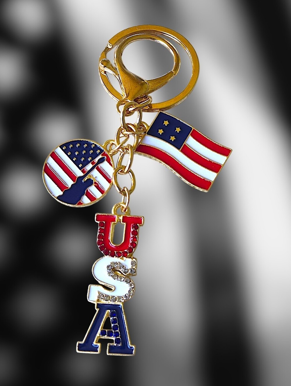 Patriotic USA Bag Charm / Keychain with Flag Charms - Red White Blue & Gold